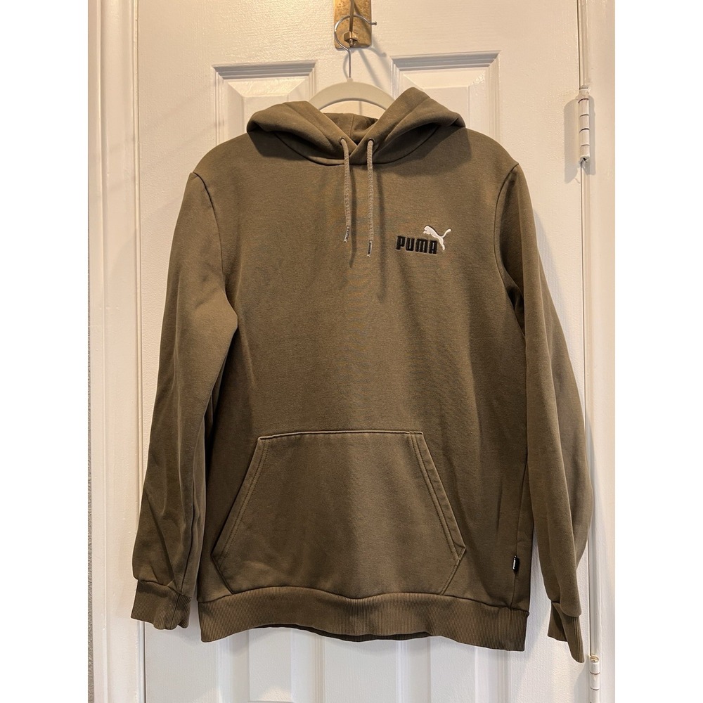 PUMA Mens Essentials+ Embroidery Logo Pullover Hoodie Olive Green Brown Size S